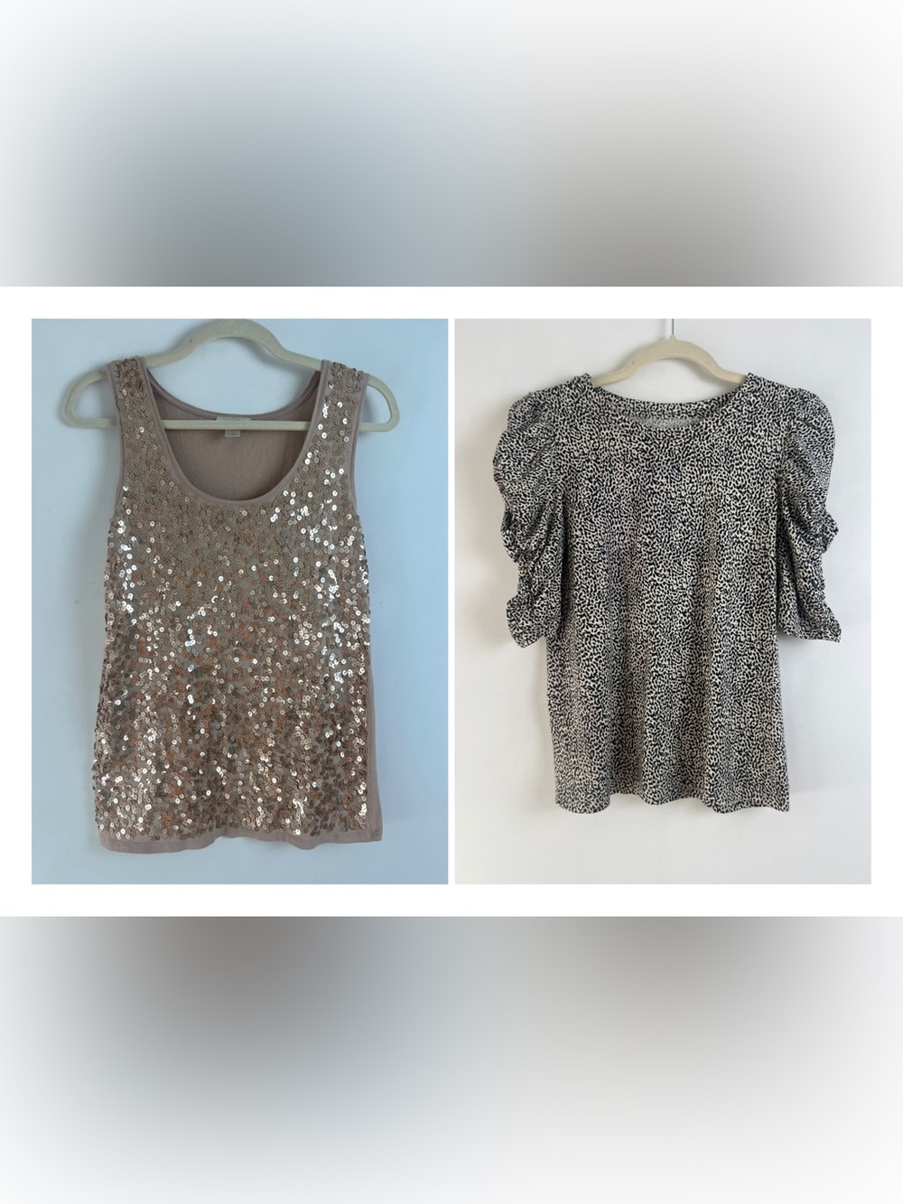 LOFT Small Bundle X2 Beige Sequin Tank And Animal Print Puff Ruched‎ Sleeve Tops
